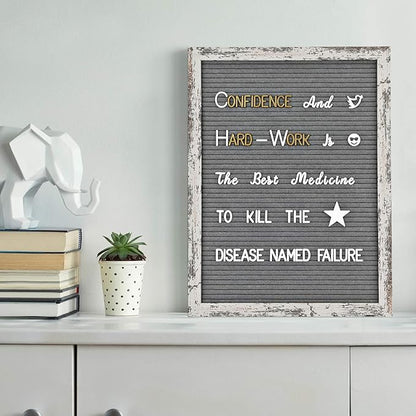 Felt Letter Board 12x16 Inch Rustic Wood Frame - Pre Cut & Sorted 725 Letters with Stand, Cursive Style Letters, Big Letters, Plastic Organizer, Shabby Chic Vintage Decor