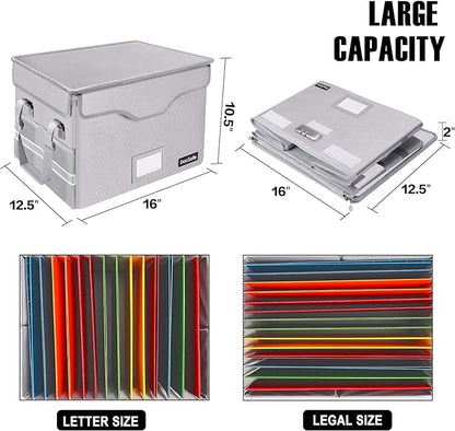 DocSafe File Box Fireproof Document Box with Lock,File Storage Organizer Box with Insert Pockets,Collapsible Portable Filing Box Home Office File Cabinet with Handle for Hanging Folder,Silver,2 Pack