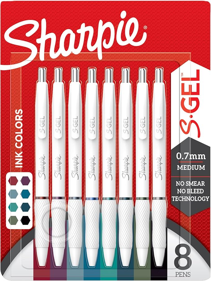 Sharpie S-Gel Pens, Fashion Barrel Gel Pens, Pearl White Body, Medium (0.7mm) Point, Bold Ink Colors, 8 Count