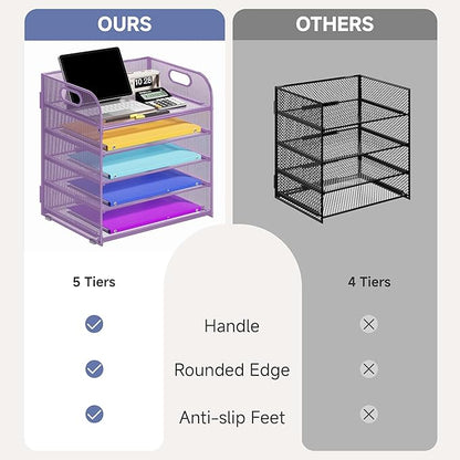 5 Tier Paper Organizer with Handle, Metal Mesh Desk Organizer File Folder Organizer Paper Letter Tray Desktop Document Sorter for Classroom, School, Office Organization and Storage - Purple