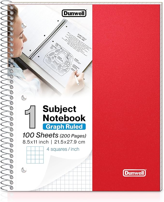 Dunwell Graph Paper Notebook 8.5 x 11 (Red) Plastic Cover, 100 Sheets (200 Pages), 4x4 Squares, 1 Subject Graph Paper Spiral Notebook, 1/4" Grid, Pocket Divider, Easy Tear-Off, 3-Hole Punched