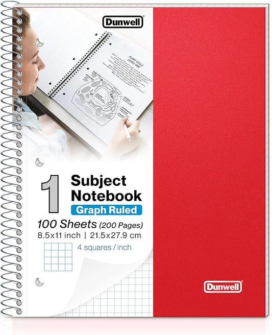 Dunwell Graph Paper Notebook 8.5 x 11 (Red) Plastic Cover, 100 Sheets (200 Pages), 4x4 Squares, 1 Subject Graph Paper Spiral Notebook, 1/4" Grid, Pocket Divider, Easy Tear-Off, 3-Hole Punched