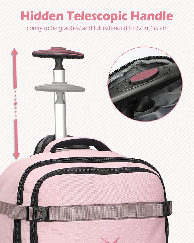 Hynes Eagle Rolling Backpack 42L Backpack with Wheels Airline Approved Carry on Luggage Laptop Travel Backpack for Women Men Pink