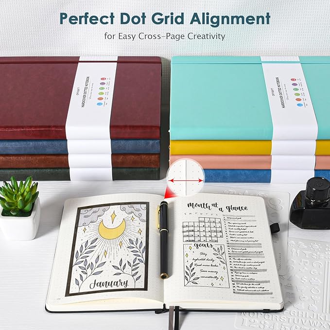 Bullet Dotted Journal Notebook, 312 Numbered Pages A5 Hardcover Leather Journal, 100gsm No Bleed Paper Dot Grid Notebook with Index Pages, Dot Journal for Women Men, 5.75" x 8.38", Grey Blue