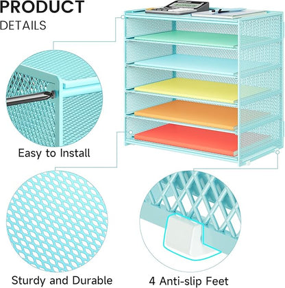 6 Tier Paper Organizer, Metal Mesh Desk File Organizer, Letter Tray Organizer, Paper Sorter Desk Organizer for Office, Home or School File Folder Holder - Blue