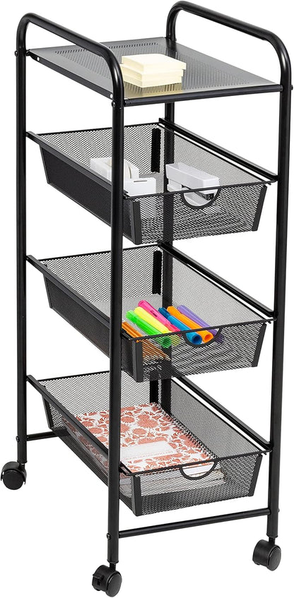 3-Drawer Storage Cart with Wheels, Multi-Purpose, Black, Steel