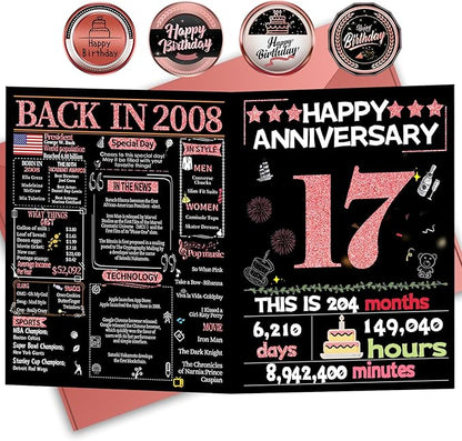 Joycard 17th Anniversary Card for Women, Wedding Card for Wife, Sweet Marriage Decorations Gifts for Couple, Perfect for Her on Anniversary Day, Back in 2008