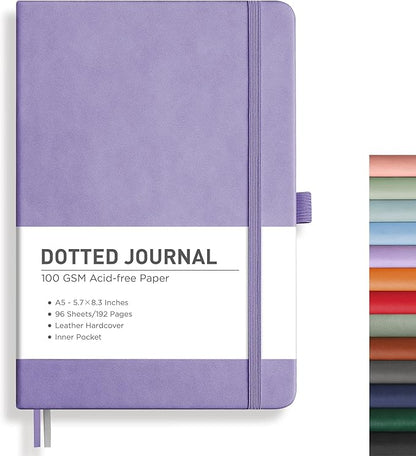 RETTACY Bullet Dotted Journal, A5 Dotted Notebook Journal with 192 Pages, 5.7'' × 8.3'', Medium Size, 100 GSM Thick Paper, Leather Hardcover, Bullet Journaling, Planning (Purple)