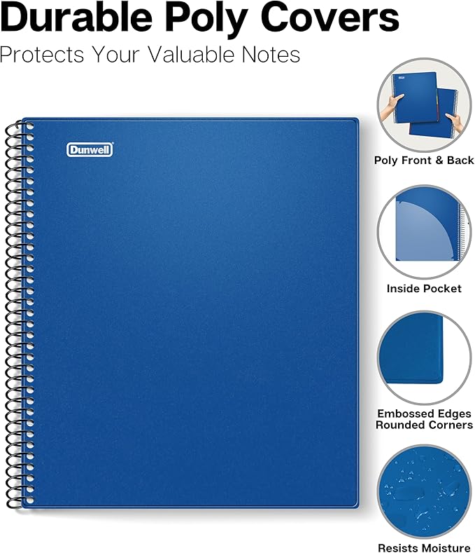 Dunwell 5-Subject Spiral Notebook, College Ruled (Blue), Colorful Movable Pocket Dividers with Tabs, Front/Back Plastic Covers, 200 Sheets (400 Pages) of 3-Hole Punch Perforated 8.5x11 Paper