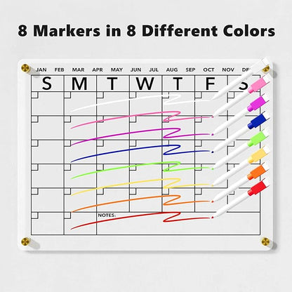 Wall Calendar (Not Magnetic), Clear Acrylic Monthly Planner White Board Dry Erase Whiteboard, w/ 8 Colors Markers, 15"x11"