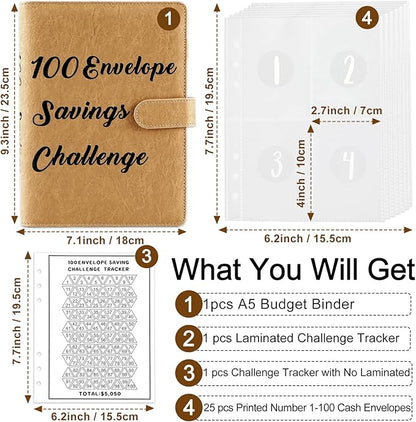 Brown 100 Envelope Money Saving Challenge Money Saving Challenge Binder Budget Binder 100 Envelopes and Tracker Money Saving Book for Budget Planning and Saving Money for Office Home School