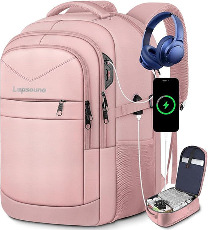 Lapsouno Extra Large Backpack, Carry on Backpack for Women, TSA 17.3 Inch Travel Laptop Backpack with USB Port,College School Business Backpack for Women, Light Pink