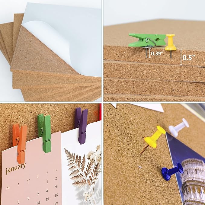 AKTOP Cork Board Bulletin Board 12x12, 1/2" Thick Cork Board Tiles 6 Pack, Small Square Pin Board for Wall, Self Adhesive Corkboards with 60 Push Pin Wood Clips for School, Home & Office
