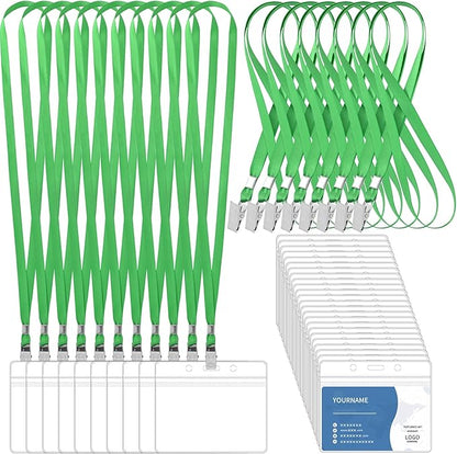 100 Pcs Lanyards for ID Badges and 100 Pcs Clear Name Tag Holders Reusable Lanyard with Clip Plastic ID Card Badge Holder Name Badges for Adults Kids Business School Office Supplies (Green)