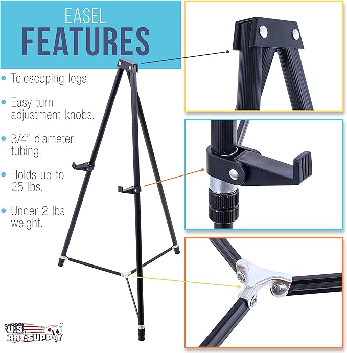 U.S. Art Supply 66" High Showroom Black Aluminum Display Easel and Presentation Stand - Large Adjustable Height Portable Tripod, Holds 25 lbs - Floor and Tabletop, Display Paintings, Signs, Posters
