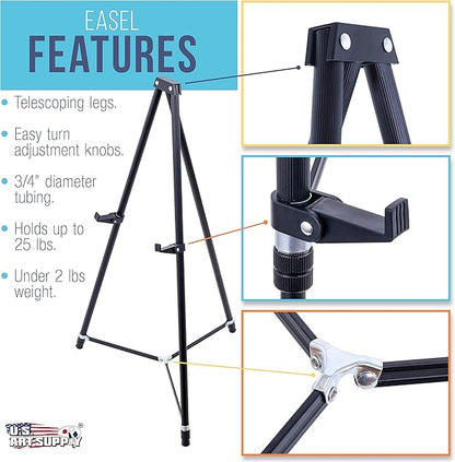 U.S. Art Supply 66" High Showroom Black Aluminum Display Easel and Presentation Stand - Large Adjustable Height Portable Tripod, Holds 25 lbs - Floor and Tabletop, Display Paintings, Signs, Posters