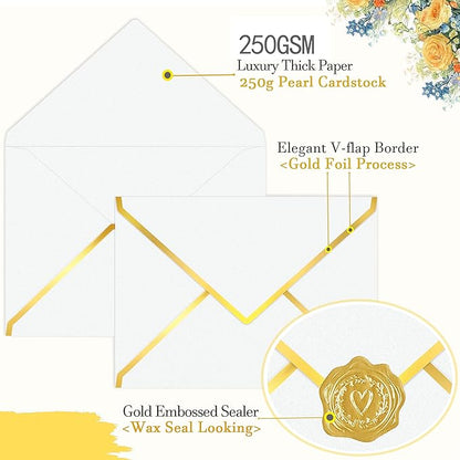 60 Pack Gold Envelopes 5x7 Lvory White, 250G Pearled Cardstock A7 Envelopes for Invitations Business Mailing Envelope with Gold Foil Border, A6 4x6 Envelopes for Wedding Baby Shower Cards