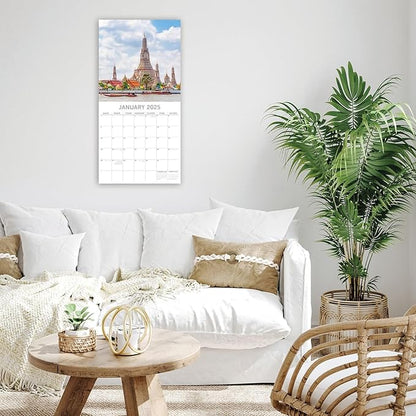 The Gifted Stationary 2025 Square Wall Calendar, Thailand, 16-Month Passport Collection Theme Hanging Calendar with 180 Reminder Stickers, Month Planner for Creative Spaces, 12x12 In