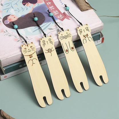 Wood Cat Bookmarks - Set of 4 Cute Bookmarks Aesthetic, Wooden Bookmarks Anime Cat Bookmark for Women Girl Kids, Kawaii Bookmark for Book Lover Cat Lover Friends Best Gifts (Boxwood)
