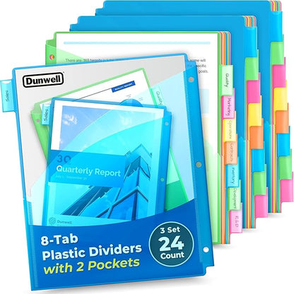 Dunwell 2-Pocket 8-Tab Divider Pockets, (3 Sets, 24 Count), 5 Colors, Plastic 8 Subject Notebook Tab Dividers for 3-Ring Binders, Includes Label Inserts, Durable Acid-Free Poly