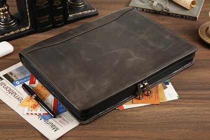 Portfolio Binder 3 Ring, Leather Binder Portfolio Folder for Left-Handed, Zippered Portfolio Padfolio Binder for Women, Leather Portfolio Organizer for Men (Grey, Non-Custom)