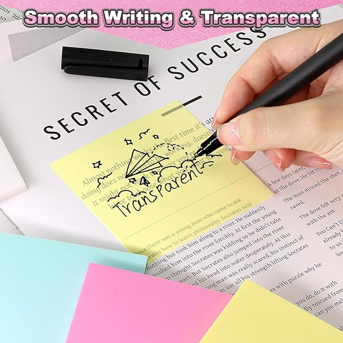 SYMDROMIA Transparent Sticky Notes 12 Pack, Frosted Glitter Colored 3x3 Inch, High Transparency Glass-Like Adhesive Clear Seee Through Sticky Notes for Women Office School Supplies 600 Sheets