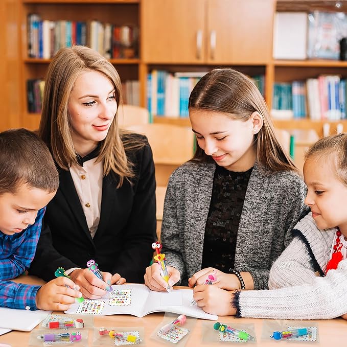 ANGOLIO 84Pcs End of Year Student Gift Includes Cute Cartoon 4 in 1 Multicolor Retractable Ballpoint Pen with Gift Cards for Kindergarten Party Gifts Bulk for School Exchange Gift