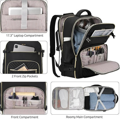 Travel Backpack for Women, Carry On Backpack for Airplanes Flight Approved, Waterproof Large Weekender Overnight Bag Fit 17 Inch Laptop with USB Charging Port, Black