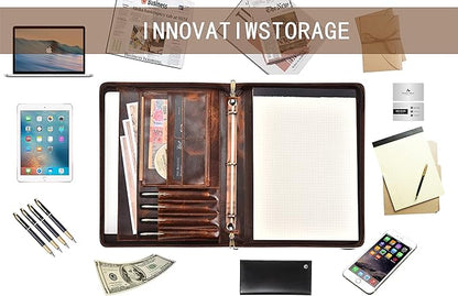 AZXCG Leather Portfolio with Zipper, 3 Ring Binder Resume Padfolio Folder, Professional Planner with A4 Notebook Holders, Business Document Organizer for 13.3" Laptop, Gift for Women/Men, Oil Wax