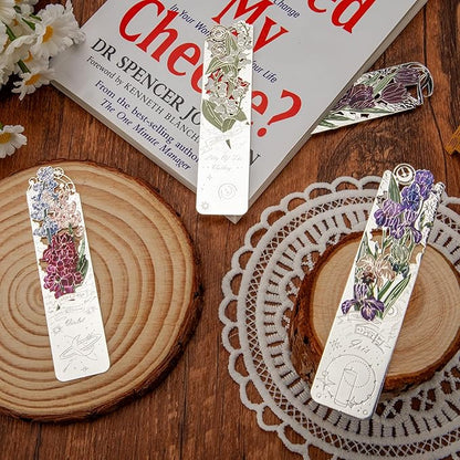 4 PCS Metal Bookmarks, Bookmarks for Reading Women, Pretty Bookmarks for Women, Metal Flower Bookmark, Iris, Tulip, Lily of The Valley, Violet Bookmark(BKM-062-001)