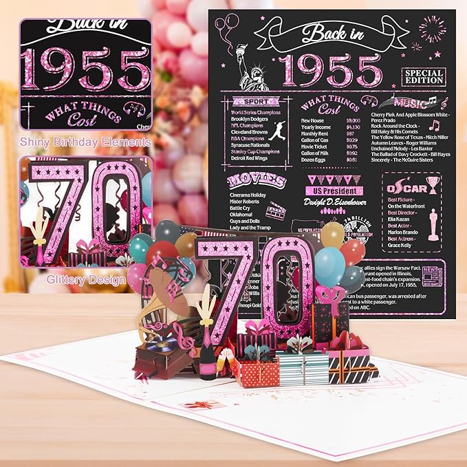 70th Birthday Card for Women, Jumbo 3D Pop Up 70th Birthday Gifts for Mom Grandma, Back In 1955 Happy 70 Year Old Sister Birthday Decorations Cards Card for Her, Rose Gold