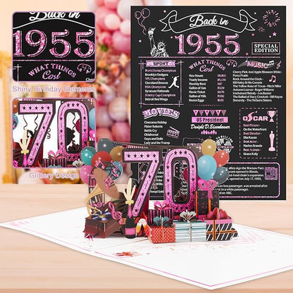 70th Birthday Card for Women, Jumbo 3D Pop Up 70th Birthday Gifts for Mom Grandma, Back In 1955 Happy 70 Year Old Sister Birthday Decorations Cards Card for Her, Rose Gold