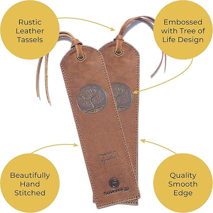 Tree of Life Leather Bookmark Handmade - 2 Genuine Leather Bookmarks for Men and Women with Unique Tree of Life Design - Perfect Book Lovers Gift for Bookworms and Readers