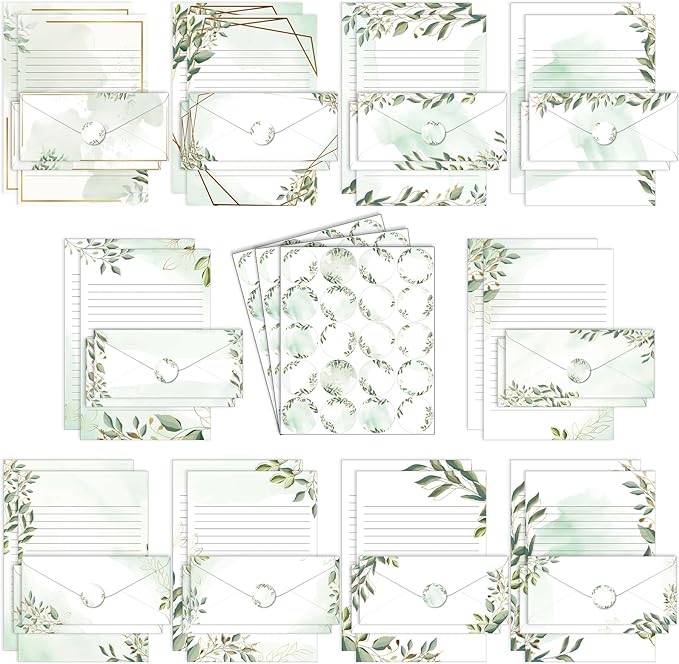 TaoBary 160 Packs Stationery Paper Set (50 Double Sided Stationery Writing Papers 50 Matching Envelopes) 60 Round Dot Sticker, 10 Design (8.5 x 11 Inch,Green Leaves)