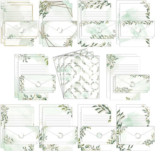 TaoBary 160 Packs Stationery Paper Set (50 Double Sided Stationery Writing Papers 50 Matching Envelopes) 60 Round Dot Sticker, 10 Design (8.5 x 11 Inch,Green Leaves)