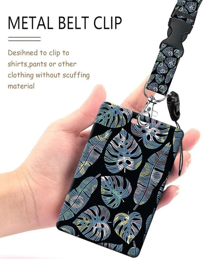 ID Badge Holder with Retractable Lanyard and Keychain, Badge Reel with Rotate Carabiner Clip,Yellow Blue Leaves Card Name Tag Lanyard ID Protector Bage Clips for Student, Women, Office