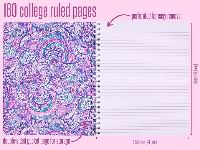Lilly Pulitzer Large Blue Hardcover Spiral Notebook, 11" x 9.5" with 160 College Ruled Pages, Happy As A Clam