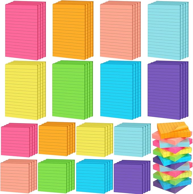 Yexiya 64 Pcs Lined Sticky Notes Self Stick Notes with Lines Bright Assorted Colors Sticky Pad for Home Office Products Post Memos, 1920 Sheets(4 x 6 Inch, 3 x 3 Inch,Vivid Color)