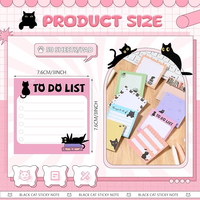 9 Pads Cute Sticky Notes Cartoon Animal Self Stick Notepads 3x3 Inches Notes Adhesive Memo Pad Office Decor Gifts for Students School Office Meeting(Black Cat)