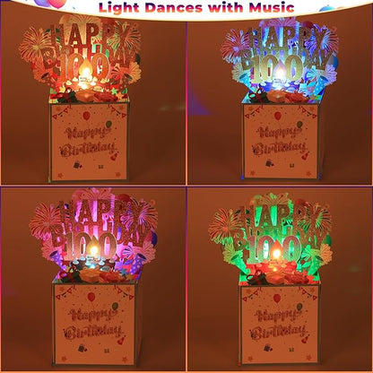 Tnvee 100TH Birthday Cards with Lights & Music & Candle, 3D Pop Up Singing Happy Birthday Greeting Cards Gfits for 100 Years Old Women Man Mom Dad Grandma Grandfa