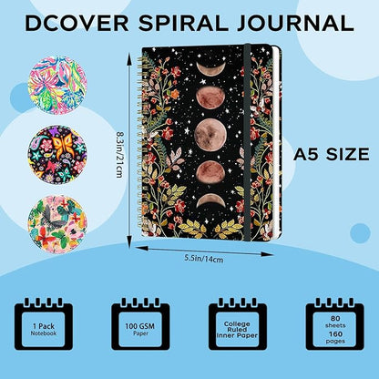 Yoiilifee Spiral Notebook - A5 Spiral Notebooks, 8.3'' × 5.8'', 160 Pages, Aesthetic Journaling Notebooks for Women, College Lined Notebook with Elastic Closure, Back Pocket, for School Office, Moon
