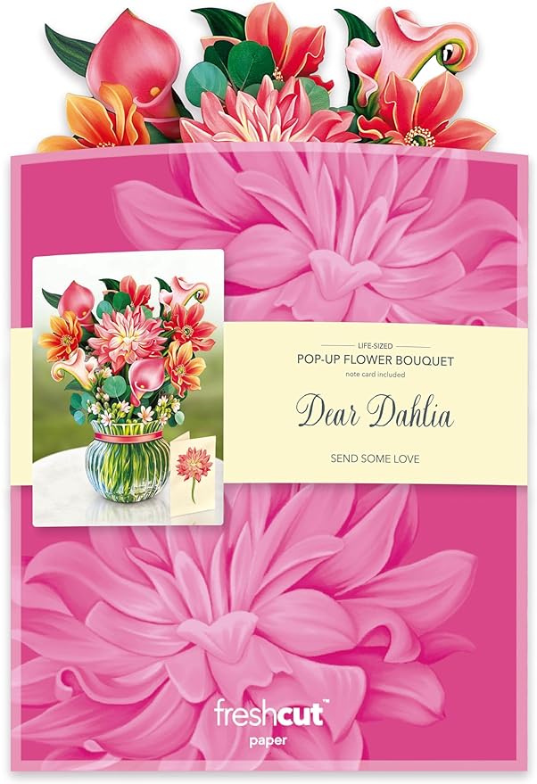 Freshcut Paper Pop Up Cards, Dear Dahlia, 12 Inch Life Sized Forever Flower Bouquet 3D Popup Greeting Card, Birthday Cards, Thank You Card, Blank Notecard & Envelope