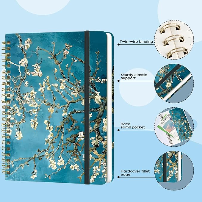 Spiral Notebook - A5 Spiral Notebooks, 8.3'' × 5.8'', 160 Pages, Aesthetic Journaling Notebooks for Women, College Lined Notebook with Elastic Closure, Back Pocket, for School Office, Plum blossom