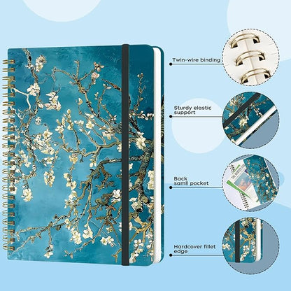 Spiral Notebook - A5 Spiral Notebooks, 8.3'' × 5.8'', 160 Pages, Aesthetic Journaling Notebooks for Women, College Lined Notebook with Elastic Closure, Back Pocket, for School Office, Plum blossom