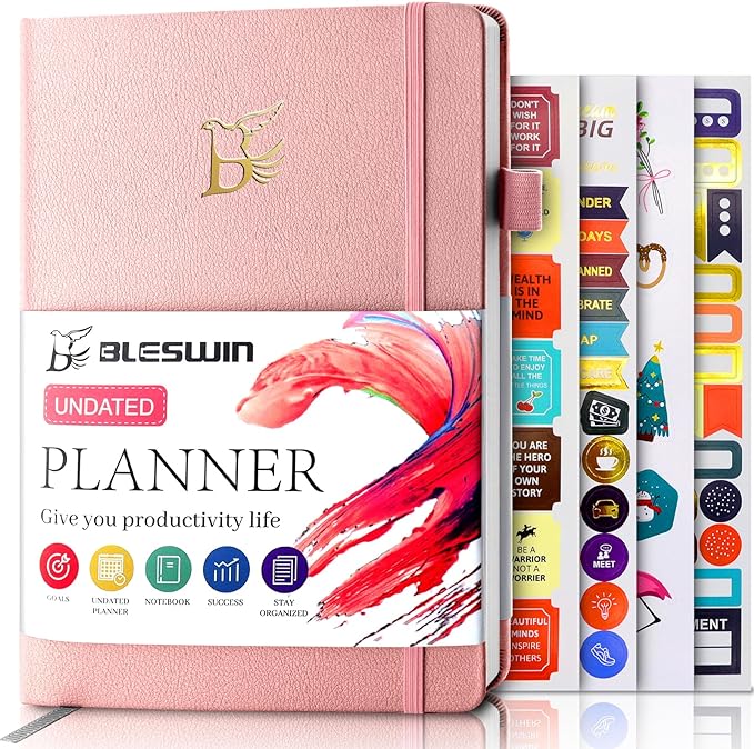 Undated Weekly Monthly Planner, Weekly Monthly Hardcover Planner with Goal & Habit Tracker Organizer, A5 Daily Planner Notebook Leather Cover