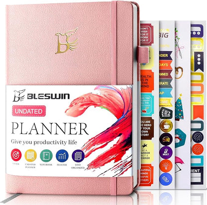 Undated Weekly Monthly Planner, Weekly Monthly Hardcover Planner with Goal & Habit Tracker Organizer, A5 Daily Planner Notebook Leather Cover