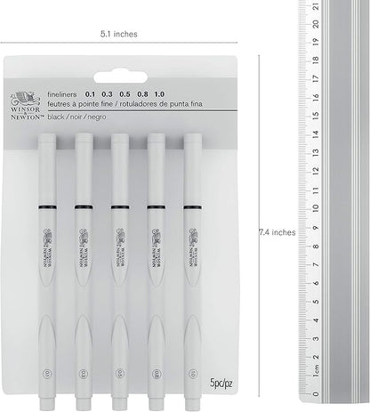 Winsor & Newton Fineliner Fine Point Pen Set, 0.8 mm Tip, Set of 5, Black