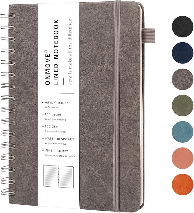 Lined Spiral Notebook Journal for Women Men 160 Pages A5 College Ruled Hardcover Leather with Pen Holder Notebook Journals for Note Taking Work Gray