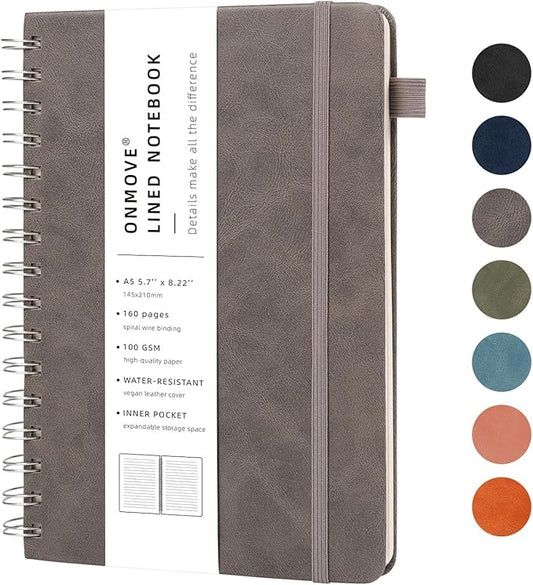 Lined Spiral Notebook Journal for Women Men 160 Pages A5 College Ruled Hardcover Leather with Pen Holder Notebook Journals for Note Taking Work Gray