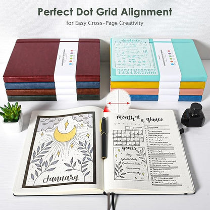 Bullet Dotted Journal Notebook, 312 Numbered Pages A5 Hardcover Leather Journal, 100gsm No Bleed Paper Dot Grid Notebook with Index Pages, Dot Journal for Women Men, 5.75" x 8.38", Green